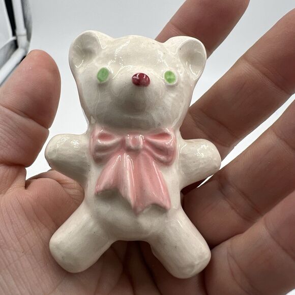 Rare Vintage Macrame Ceramic Bead Baby Bear Girl Pink Bow Figurine Stuffy Lovie - Picture 3 of 7